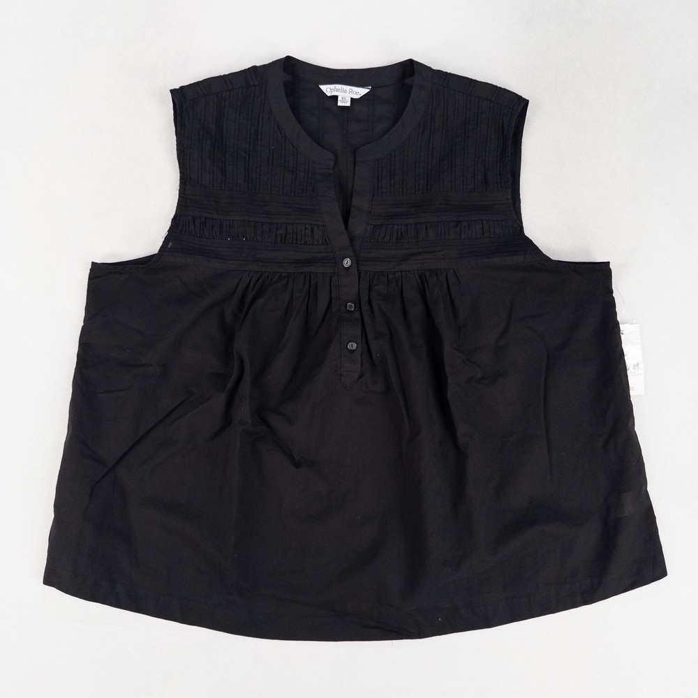 Ophelia Roe Womens Blouse XL Black Sleeveless Pintuck Pleated Lightweight NEW